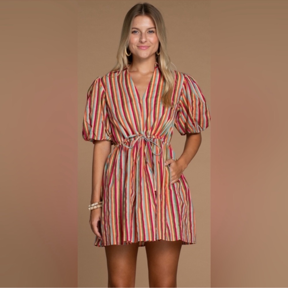 Multicolor Striped Tie-Waist Puff Sleeve Mini Dress - NWOT